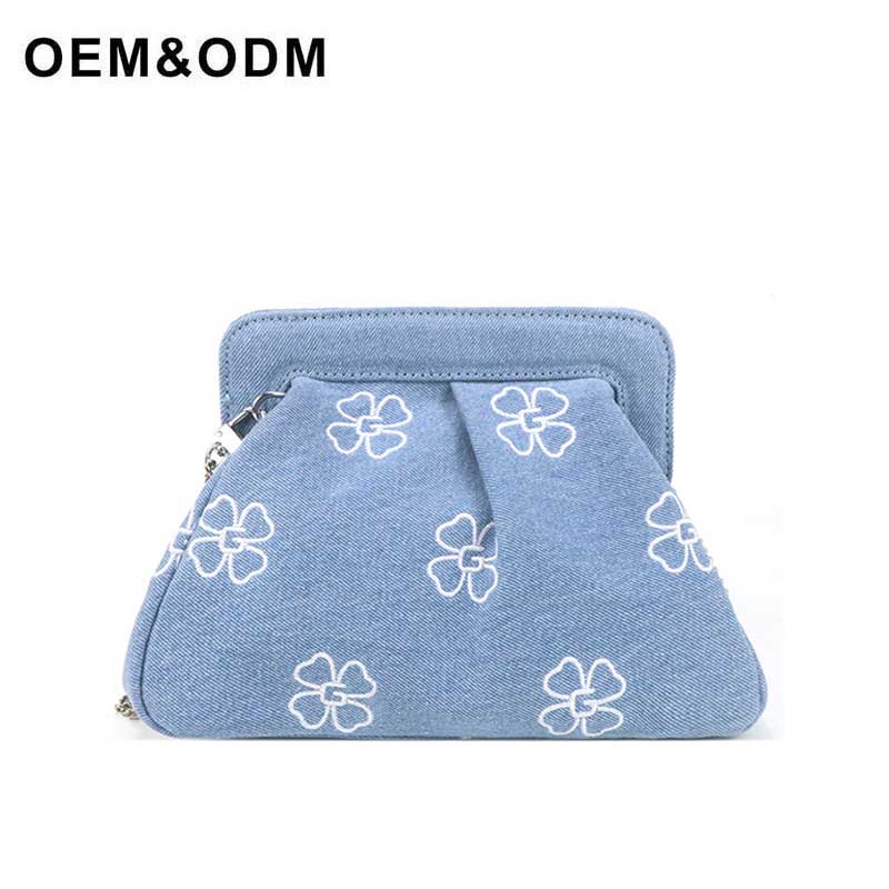 Blue denim canvas embroidered fashion handbag